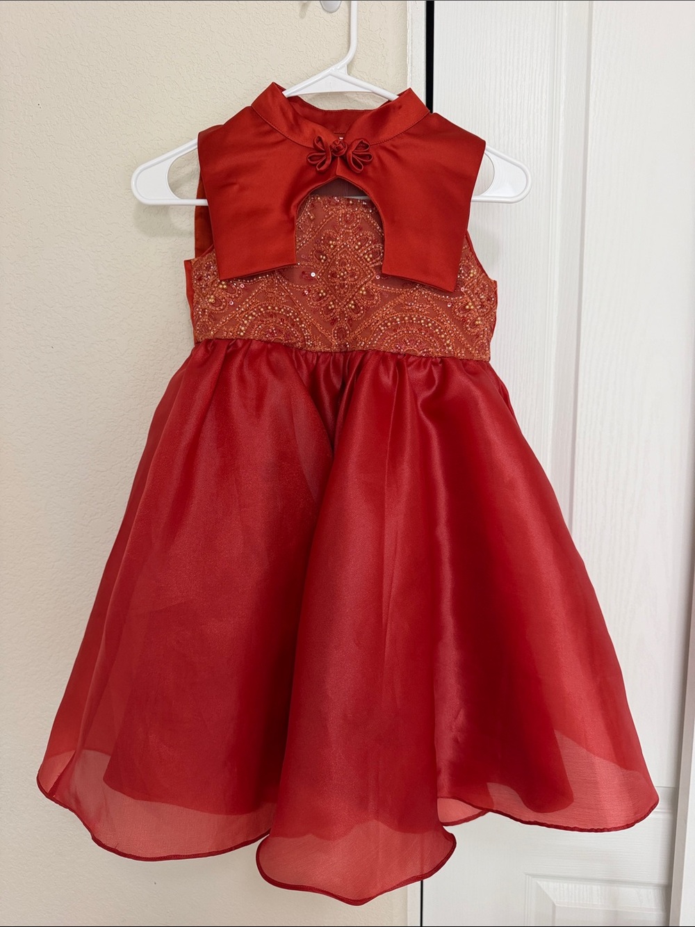 Red Cheongsam Girls Dress with Embellished Bodice